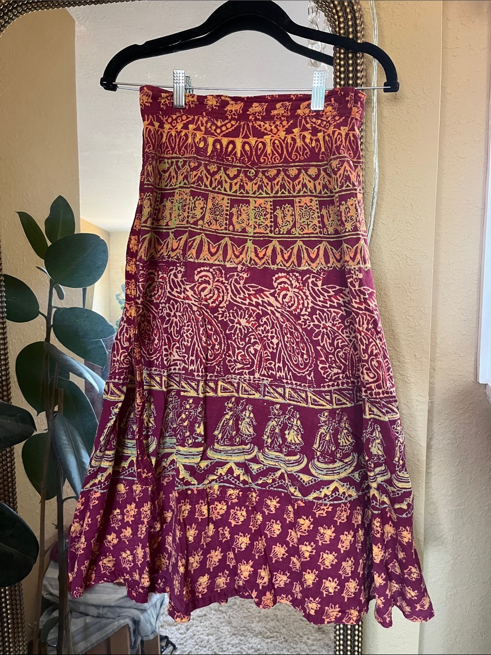 Bohemian Indian Floral Maxi Skirt in Burgundy and Mustard OS